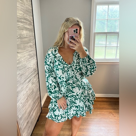 Free People Long Sleeve Green White Dress Mini Small - Picture 4 of 12